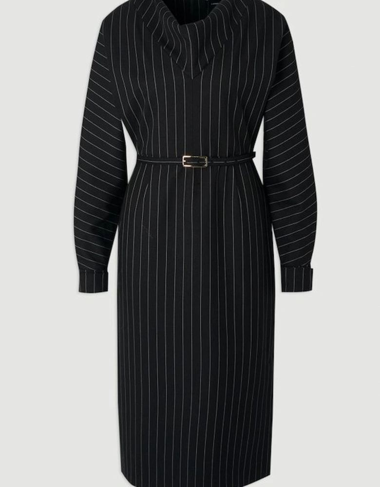 Pinstripe Cowl Neck Tailored Pencil Midi Dress