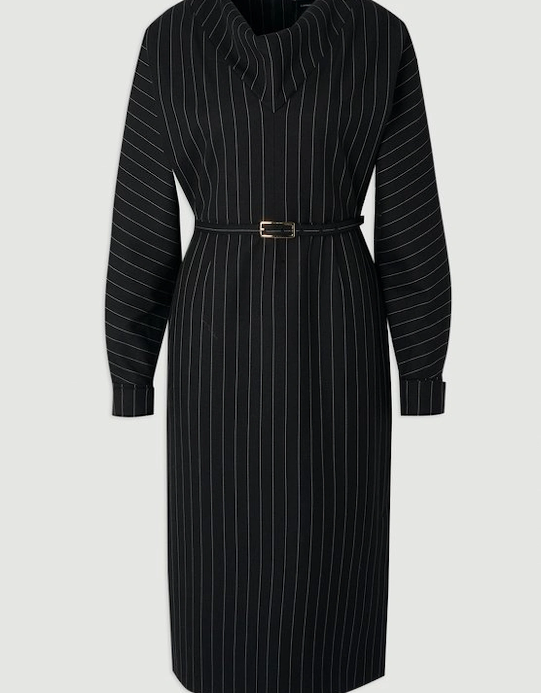 Pinstripe Cowl Neck Tailored Pencil Midi Dress