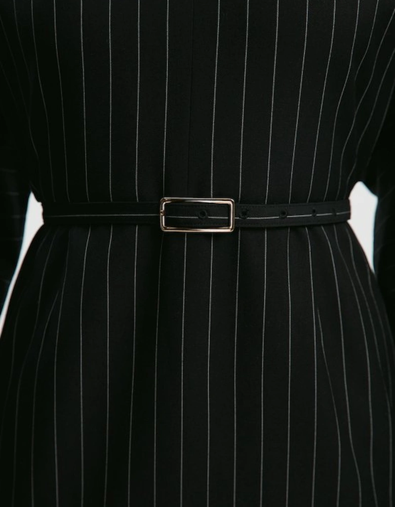 Pinstripe Cowl Neck Tailored Pencil Midi Dress