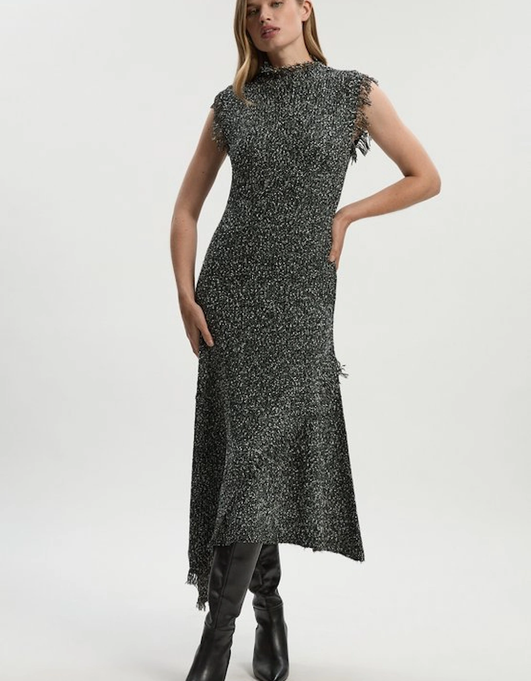 Tweed Yarn Fringe Trim Knitted Dress