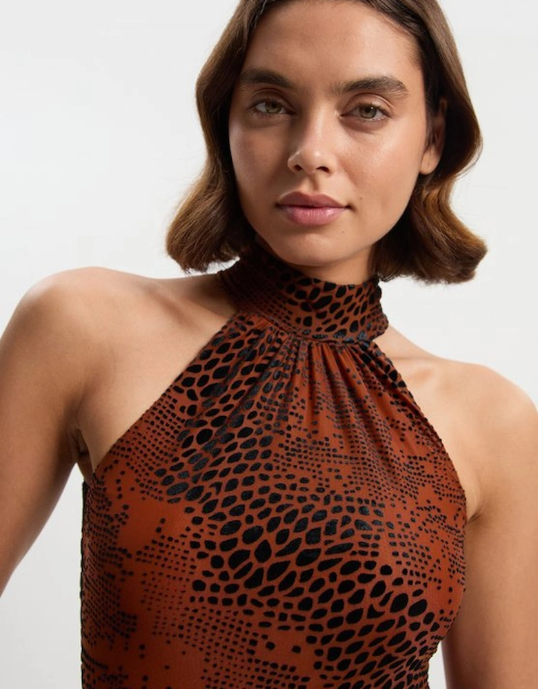 Animal Stretch Velvet Devore Halter Neck Mini Dress