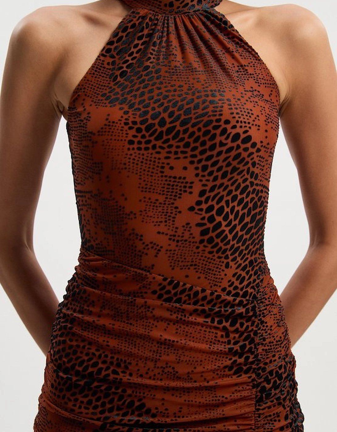 Animal Stretch Velvet Devore Halter Neck Mini Dress