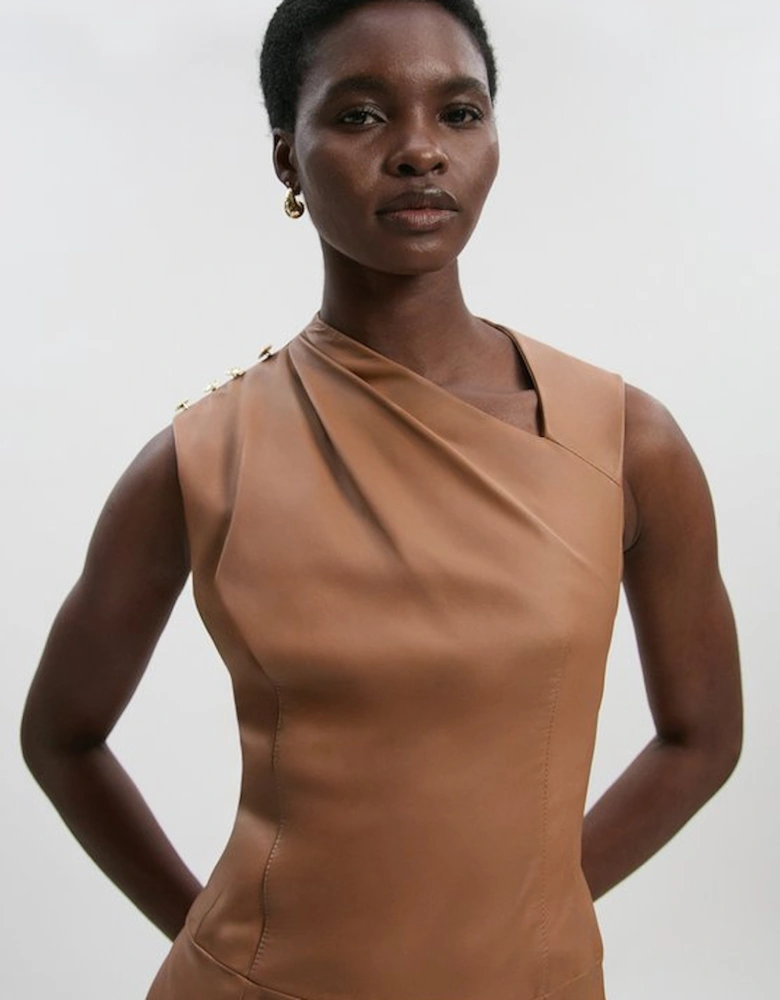 Leather Asymmetric Neck Full Skirt Midi Dress