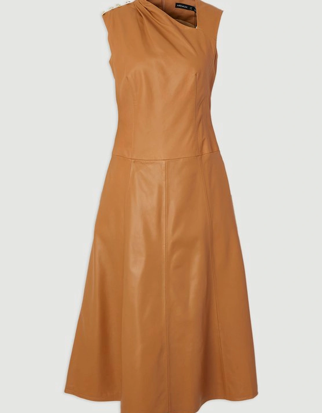 Leather Asymmetric Neck Full Skirt Midi Dress