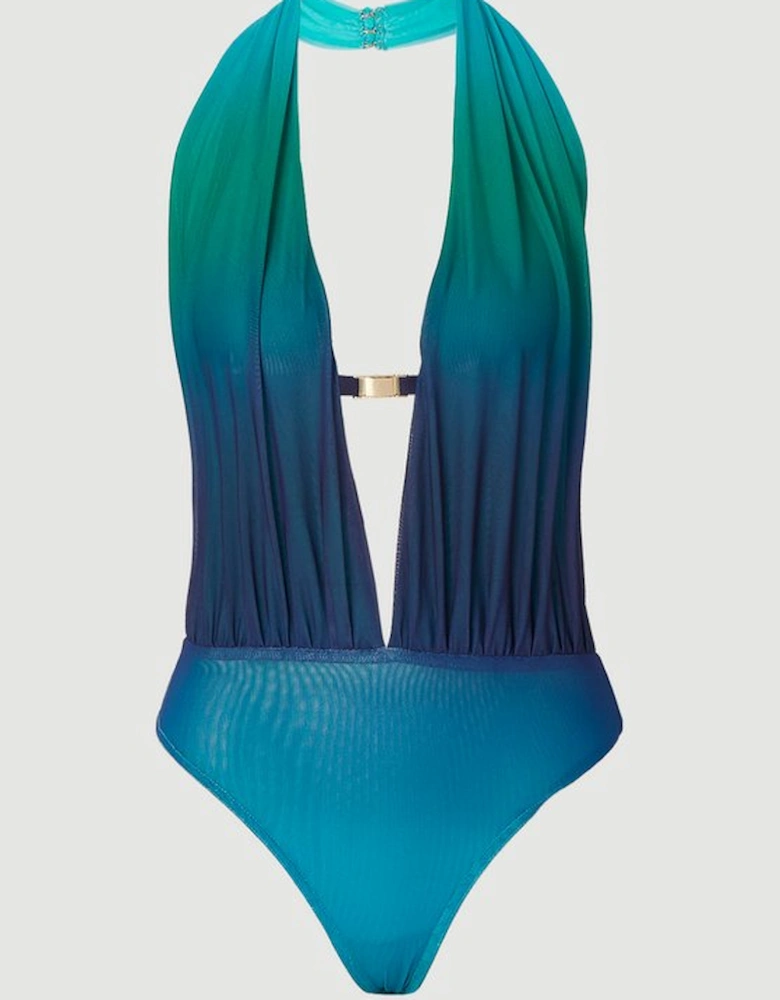 Halter Neck Trim Detail Plunge Ombre Mesh Bodysuit
