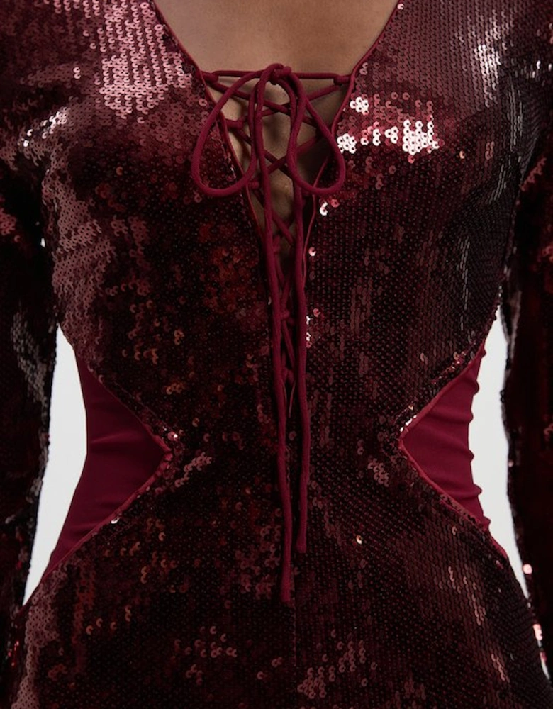 Sequin Power Mesh Lace Up Mini Dress