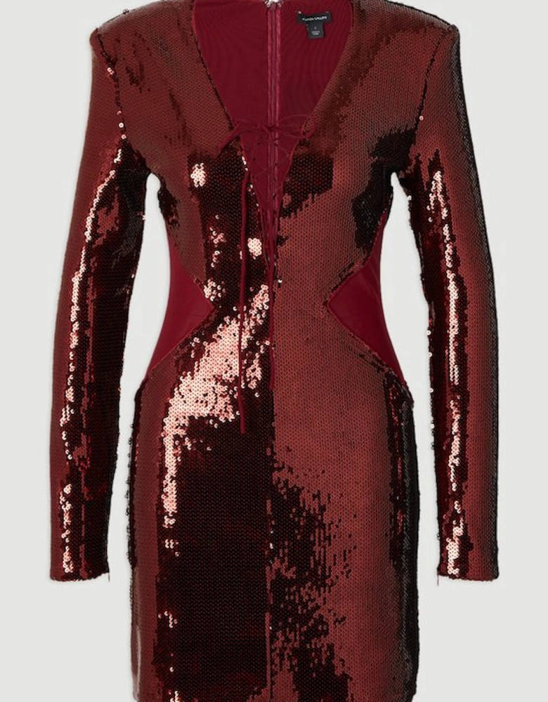 Sequin Power Mesh Lace Up Mini Dress