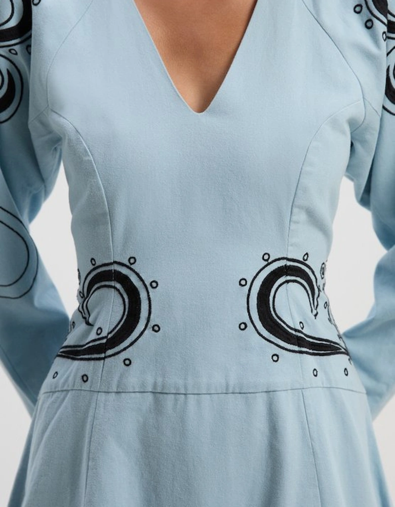 Petite Baroque Embroidered Long Sleeve Twill Woven Midi Dress