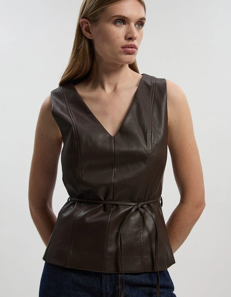 Faux Leather Tie Waist Tailored Top