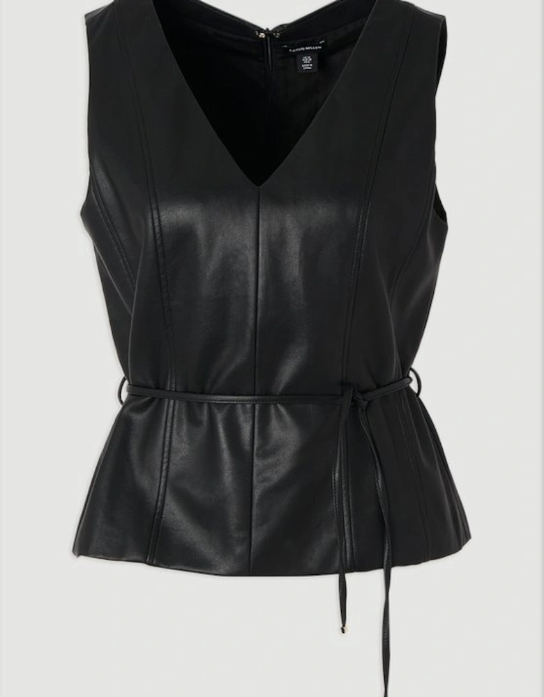 Faux Leather Tie Waist Tailored Top