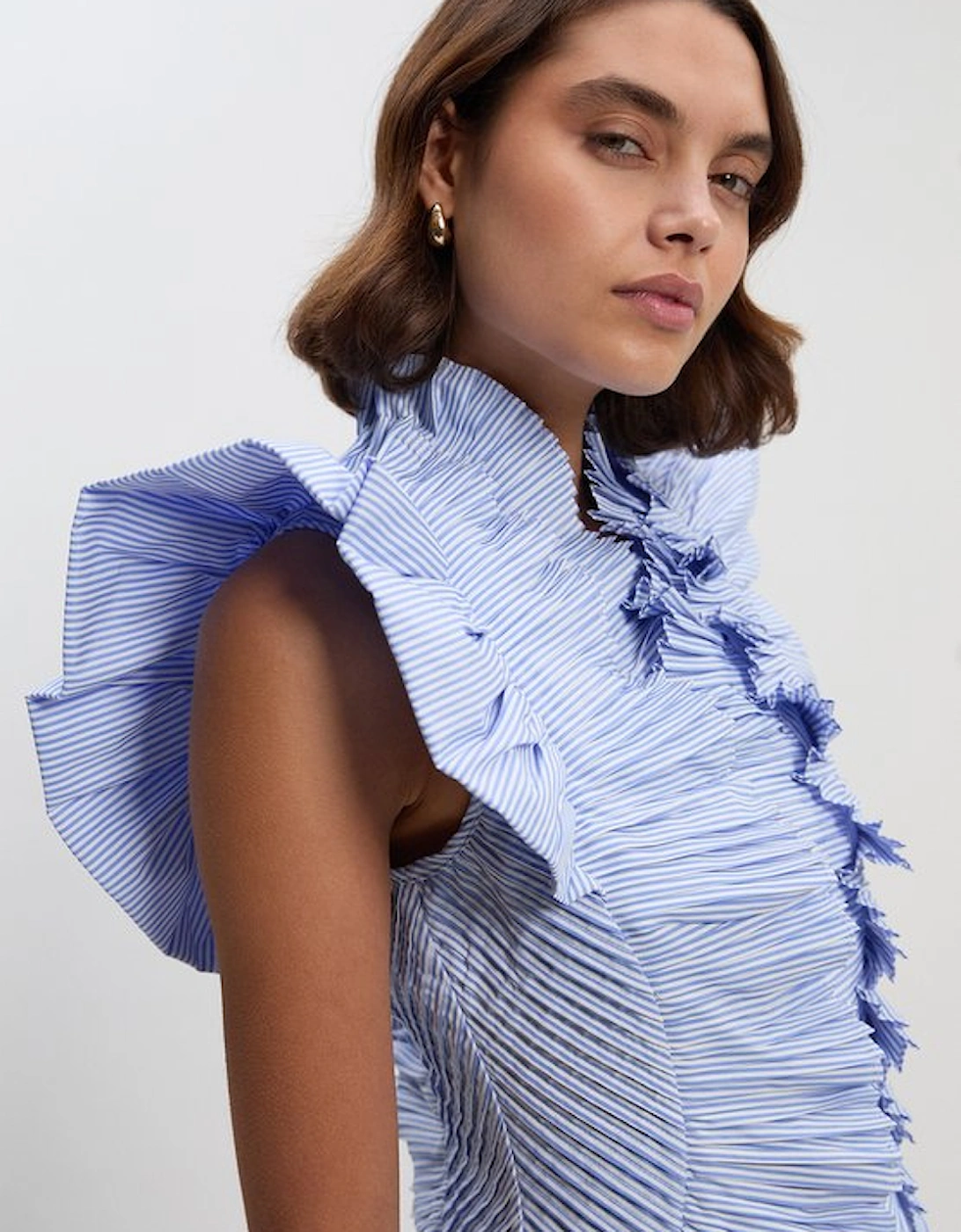 Stripe Pleated Ruffle Sleeve Woven Top