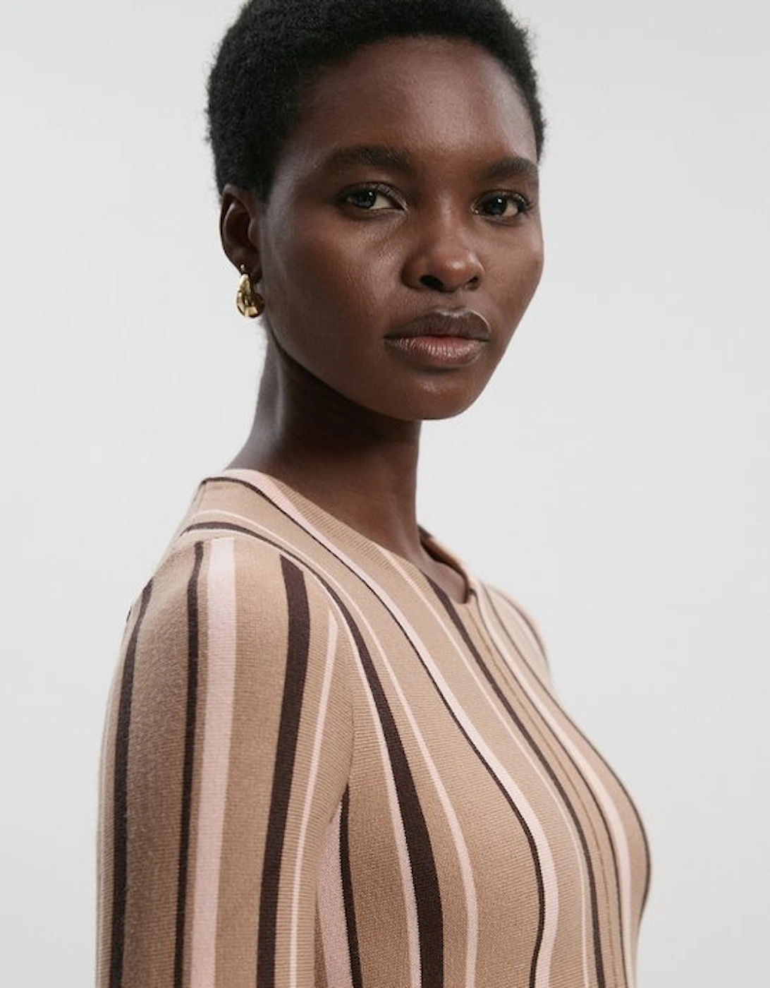 Stripe Viscose Blend Asymmetric Hem Knit Midi Dress