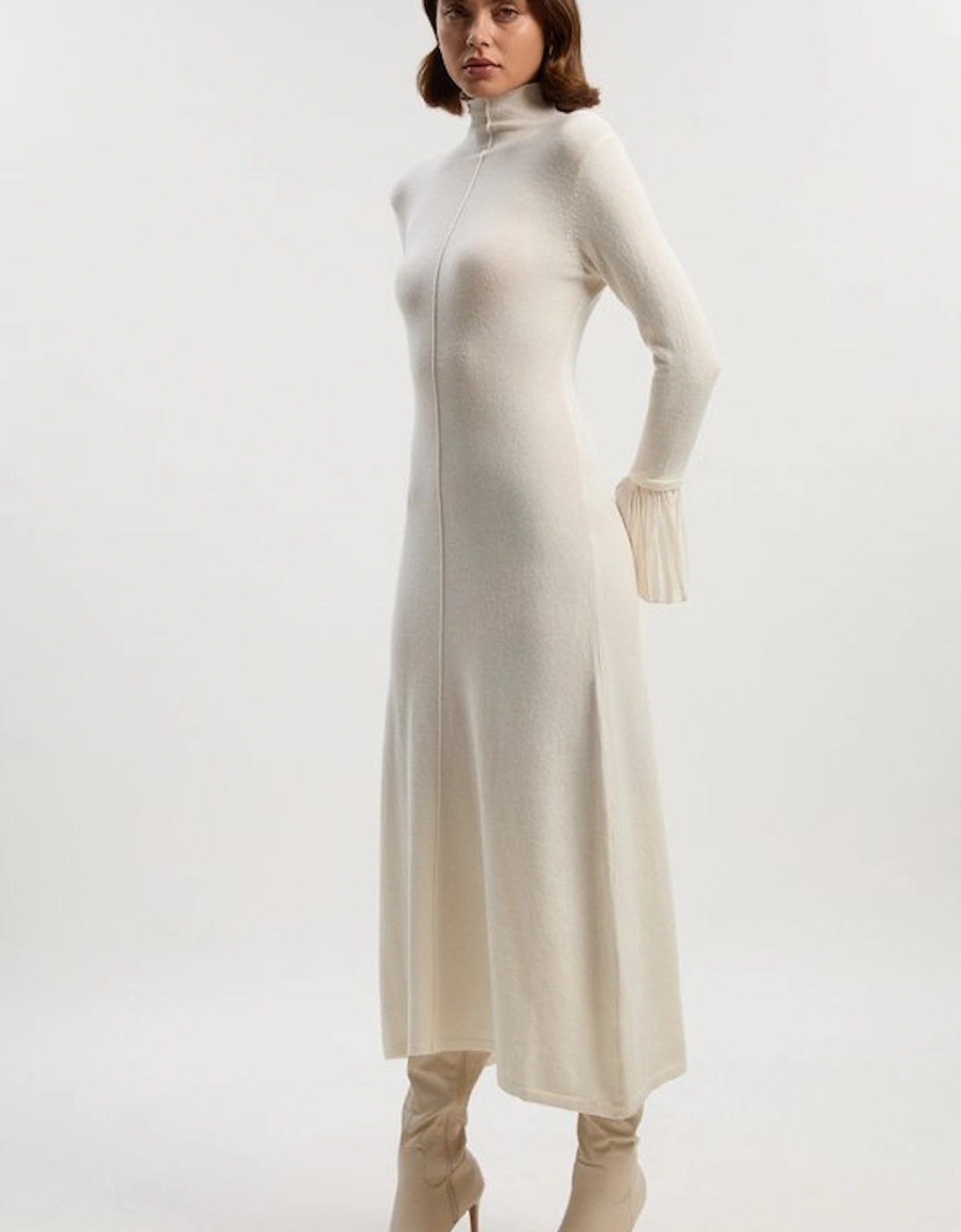 Wool And Alpaca Blend Knit Pleated Silk Woven Cuffs Midi Dress