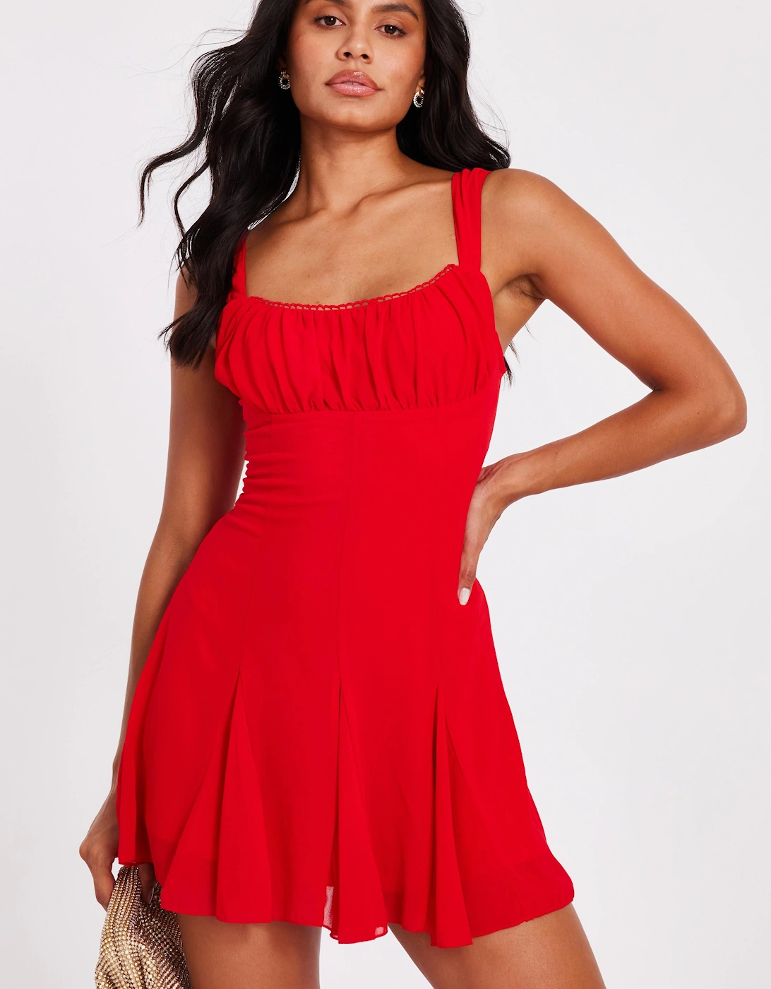 Red Chiffon Ruched Mini Dress, 2 of 1