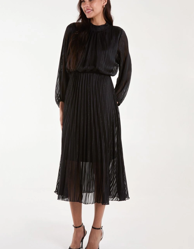 Metallic High Neck Plisse Midi Dress