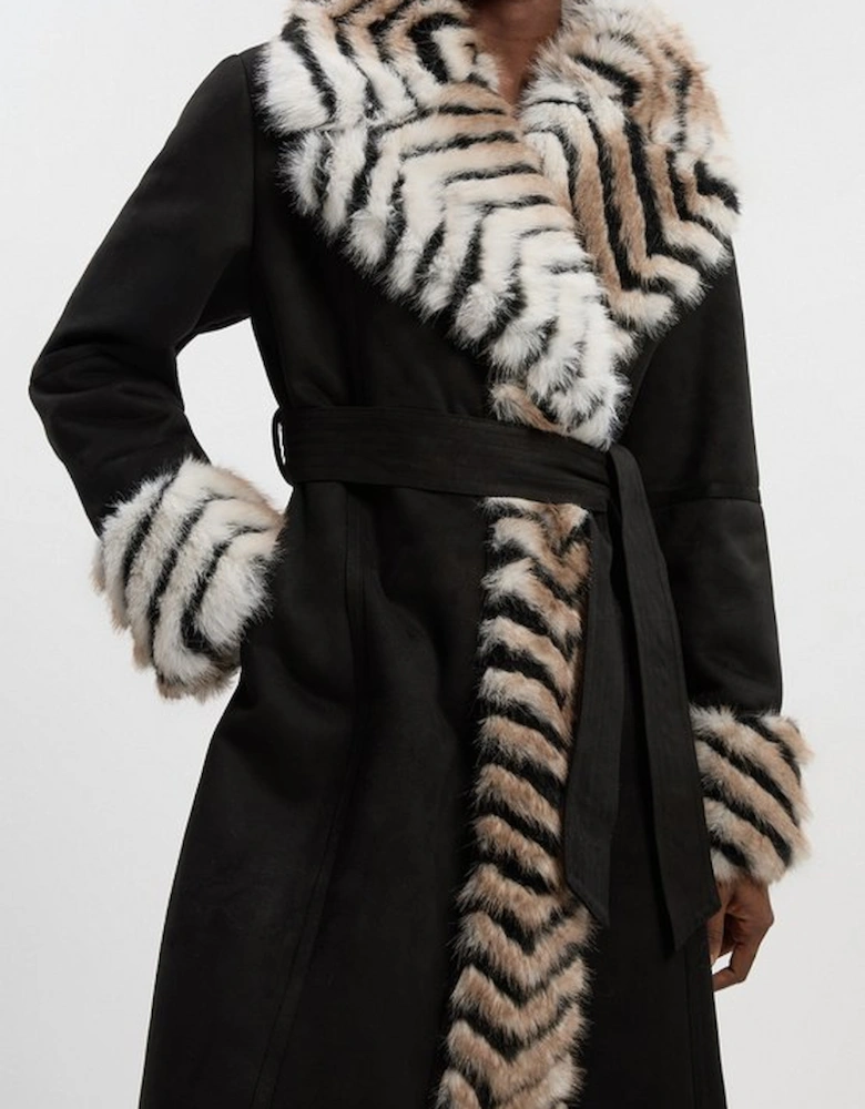 Petite Faux Shearling Contrast Collar & Cuff Belted Maxi Coat