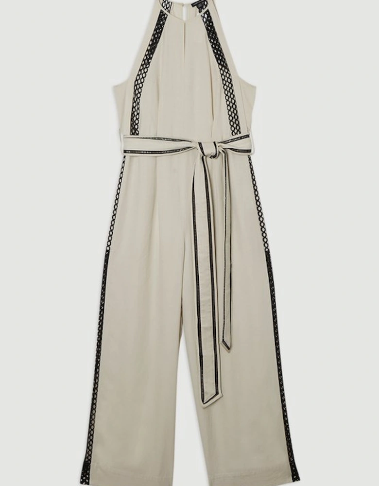 Viscose Linen Woven Jumpsuit With Lace Trim