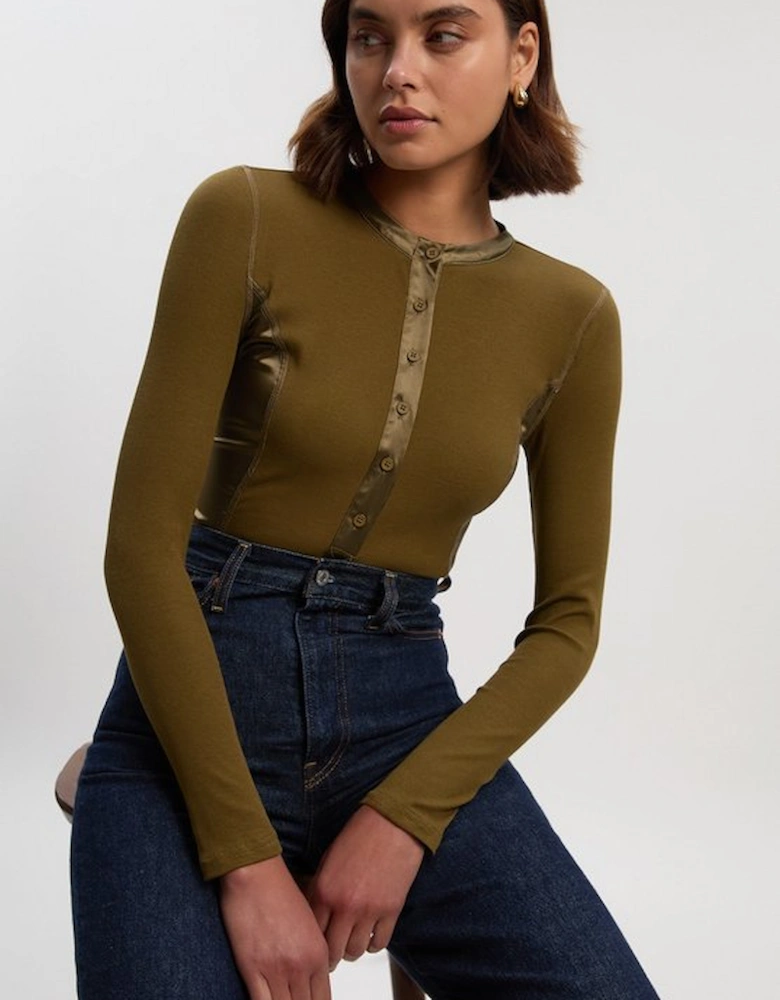 Luxe Viscose Rib Jersey Crew Neck Satin Detail Bodysuit