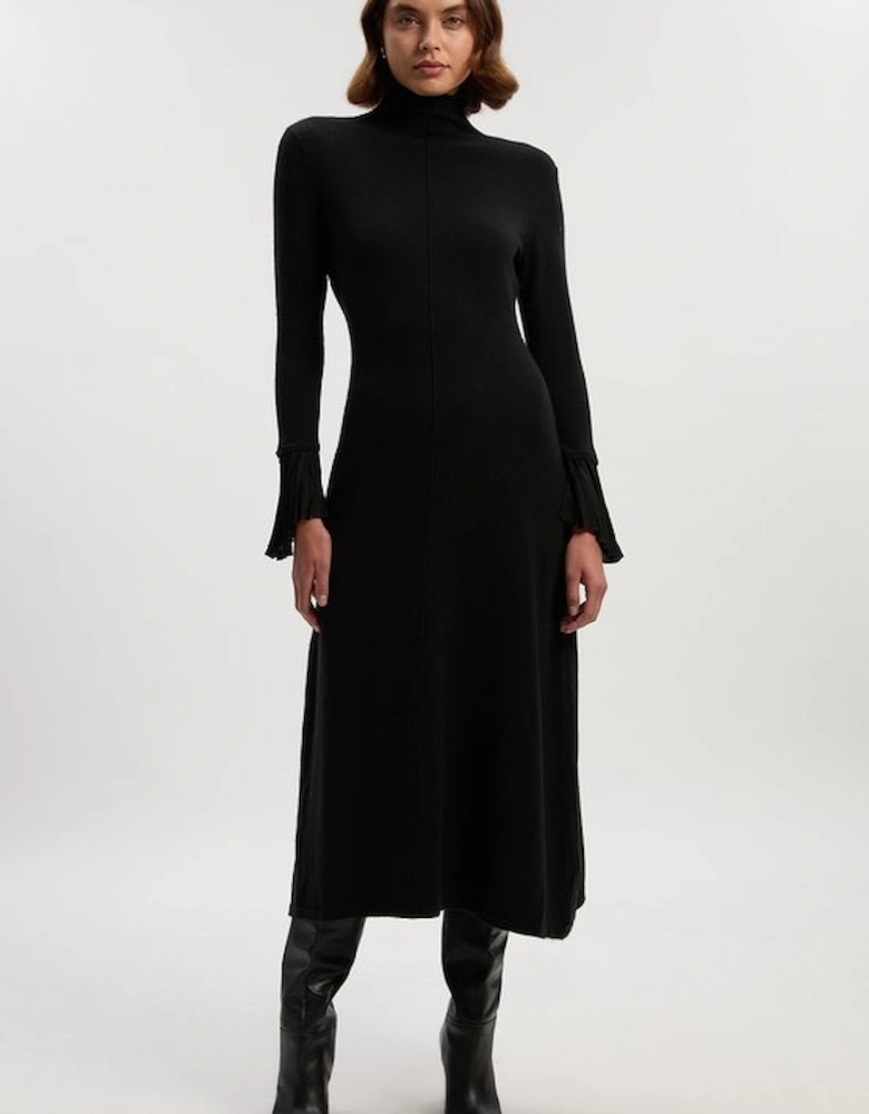 Wool And Alpaca Blend Knit Pleated Silk Woven Cuffs Midi Dress