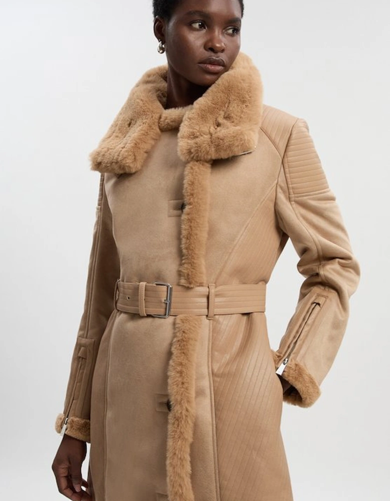 Petite Faux Shearling Biker Longline Coat