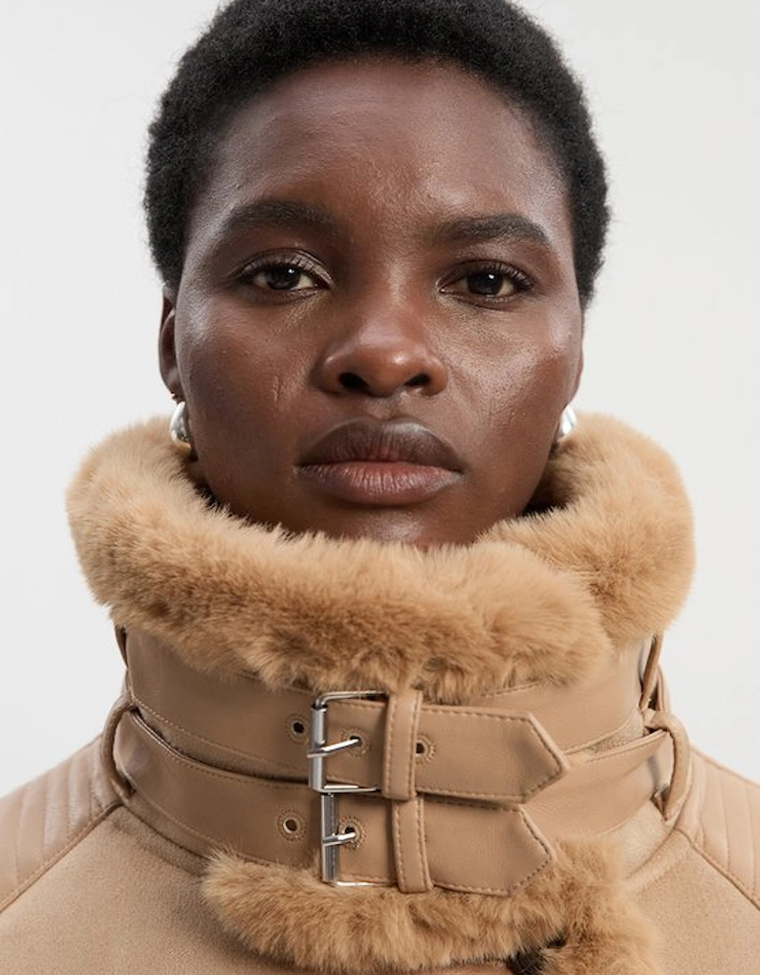 Petite Faux Shearling Biker Longline Coat