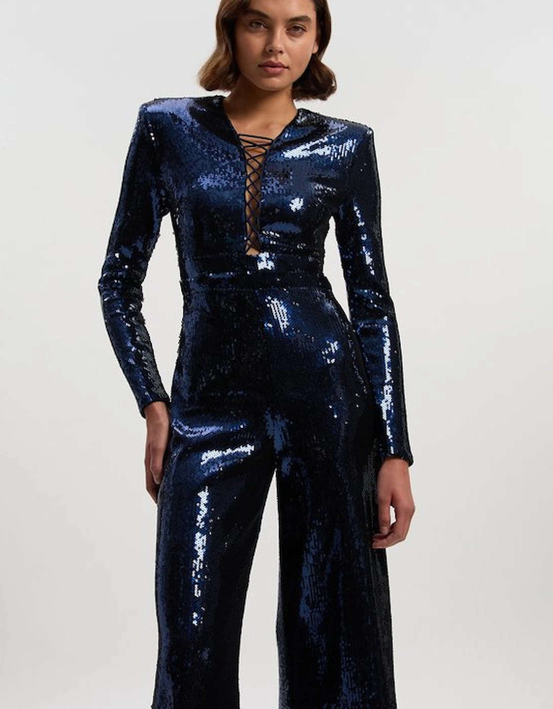 Sequin Power Mesh Lace Up Detail Long Sleeve Jumpsuit