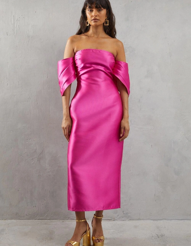 Structured Puff Sleeve Bardot Midi Dress