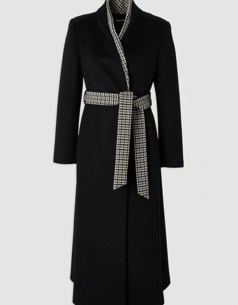 Brushed Wool Houndstooth Mix Belted Wrap Neck Tailored Midi Coat