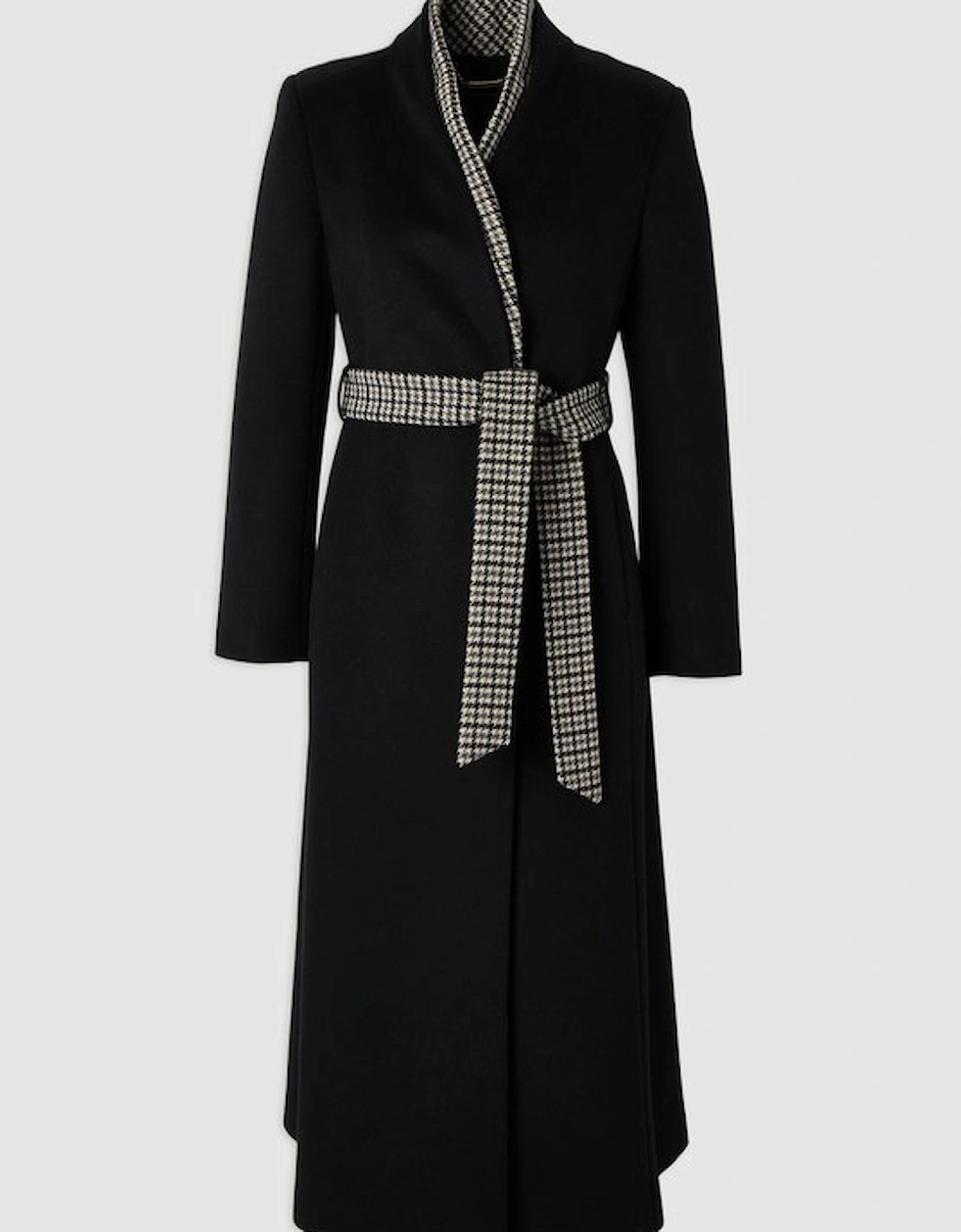 Brushed Wool Houndstooth Mix Belted Wrap Neck Tailored Midi Coat