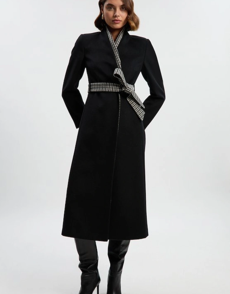 Brushed Wool Houndstooth Mix Belted Wrap Neck Tailored Midi Coat