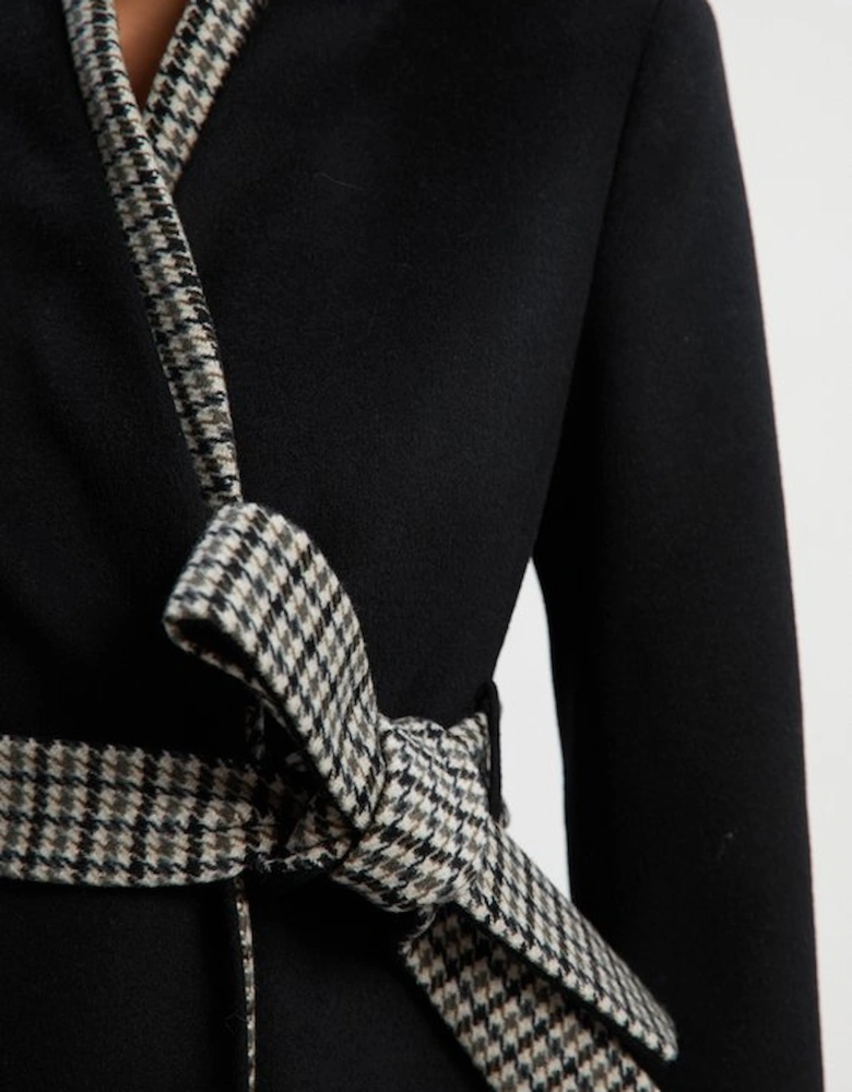 Brushed Wool Houndstooth Mix Belted Wrap Neck Tailored Midi Coat