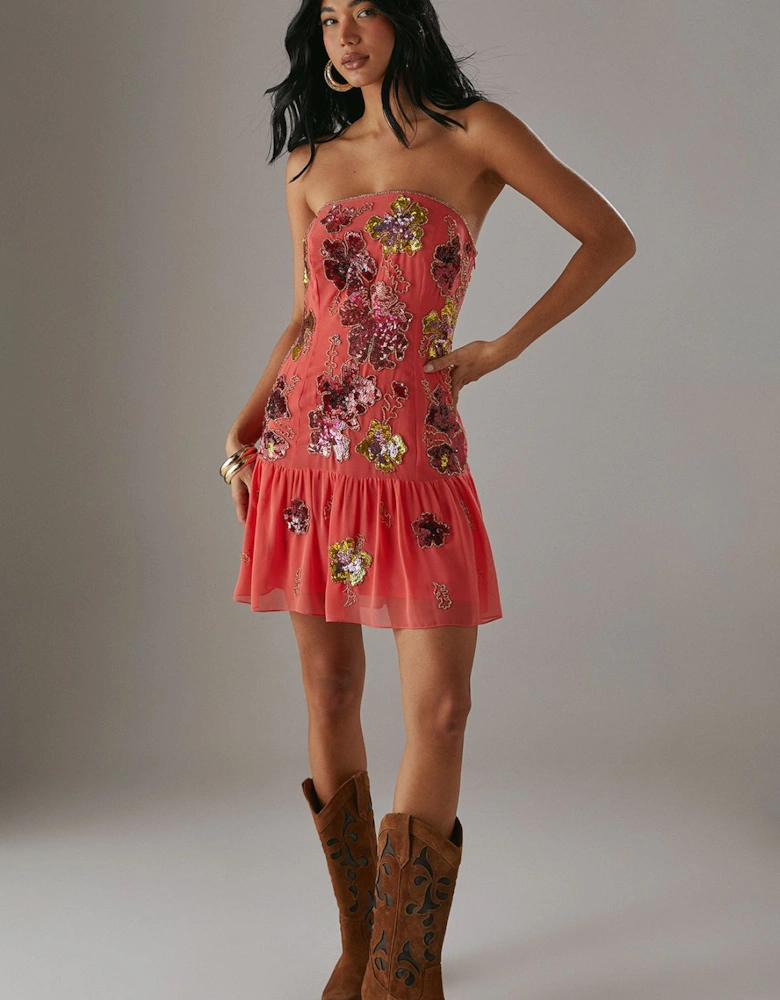 Hand Embellished Sequin Structured Bandeau Drop Hem Mini Dress