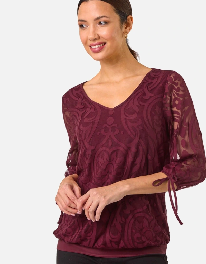 Burnout Print V-Neck Overlay Mesh Top