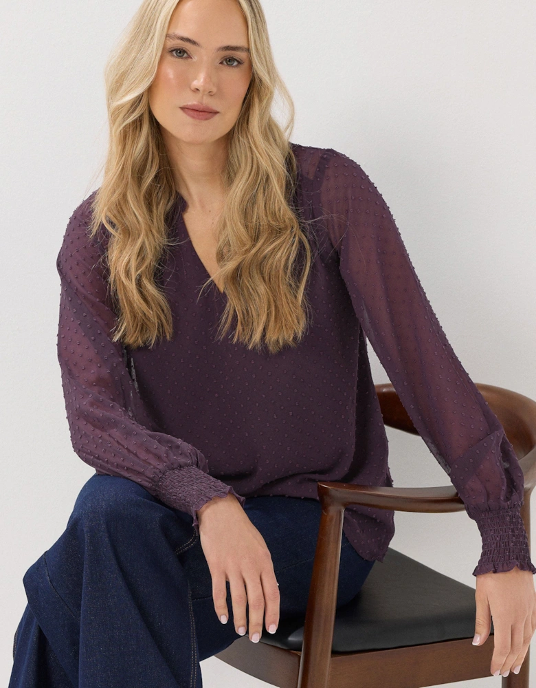 Dobby Spot Shirred Cuff Top