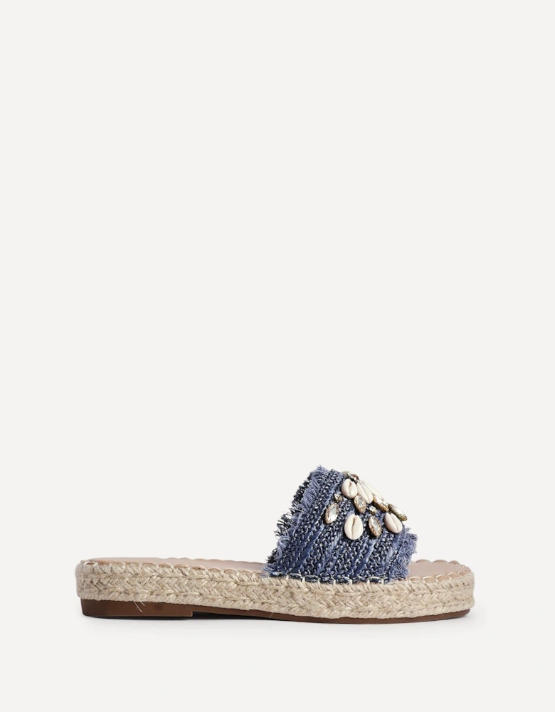 Seaside Blue Raffia Shell Embellished Flat Slider