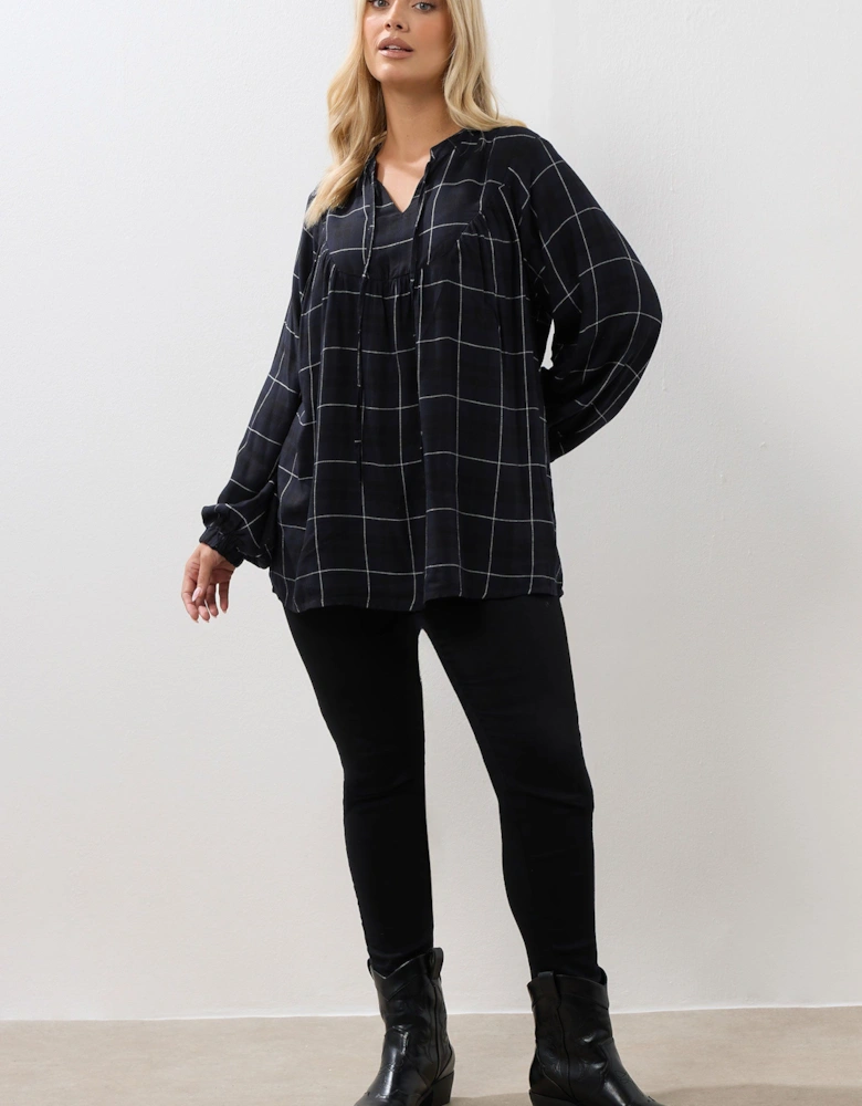 Check Tie Neck Blouse