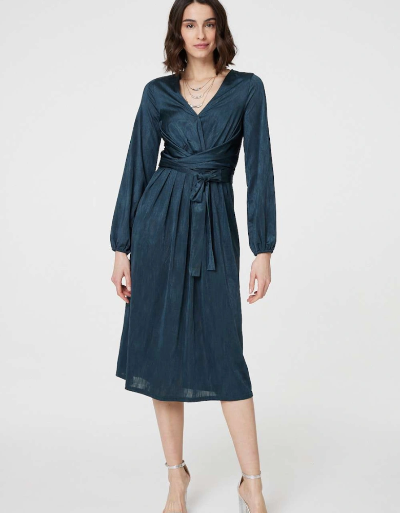 Ruched Long Sleeve Midi Wrap Dress