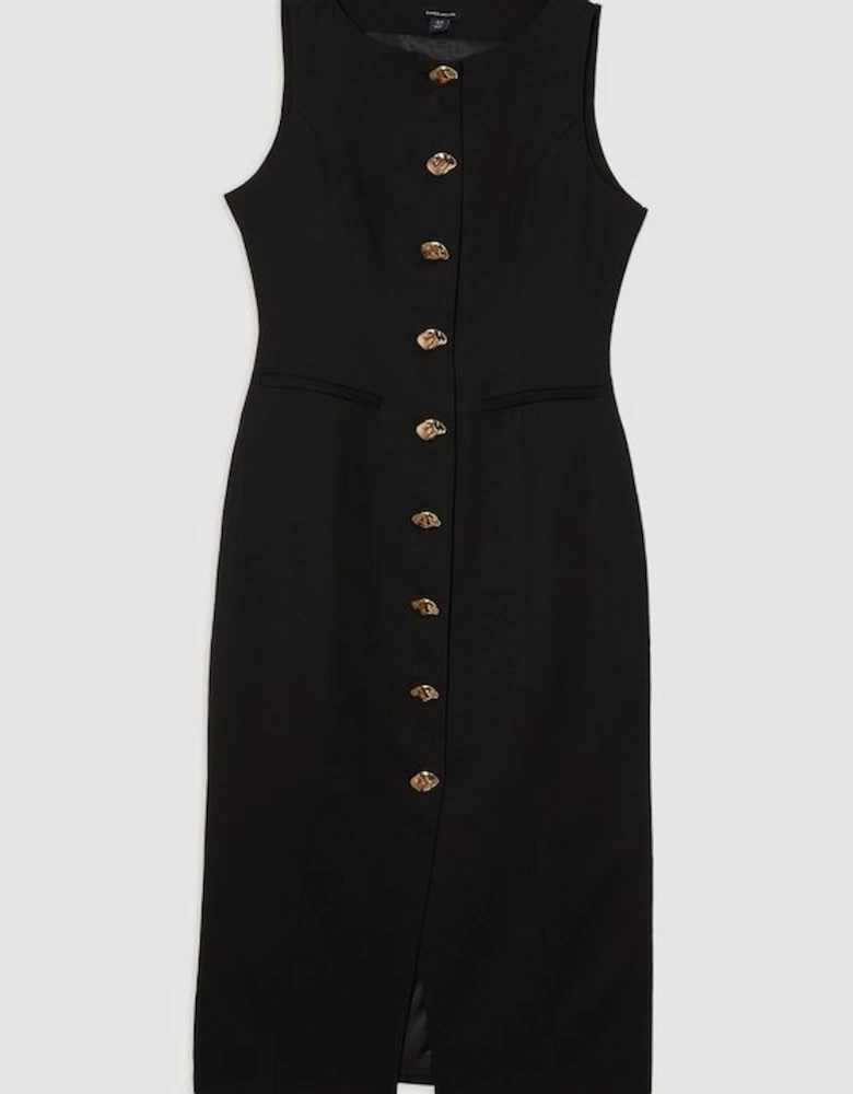 Viscose Linen Tailored Statement Button Front Pencil Midi Dress