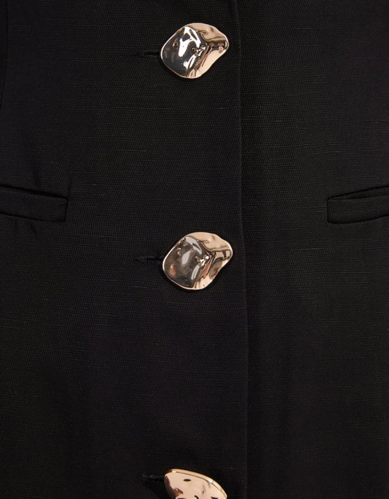 Viscose Linen Tailored Statement Button Front Pencil Midi Dress