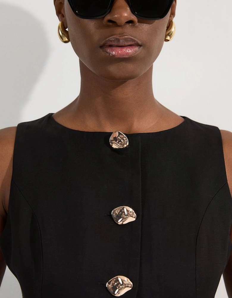 Viscose Linen Tailored Statement Button Front Pencil Midi Dress