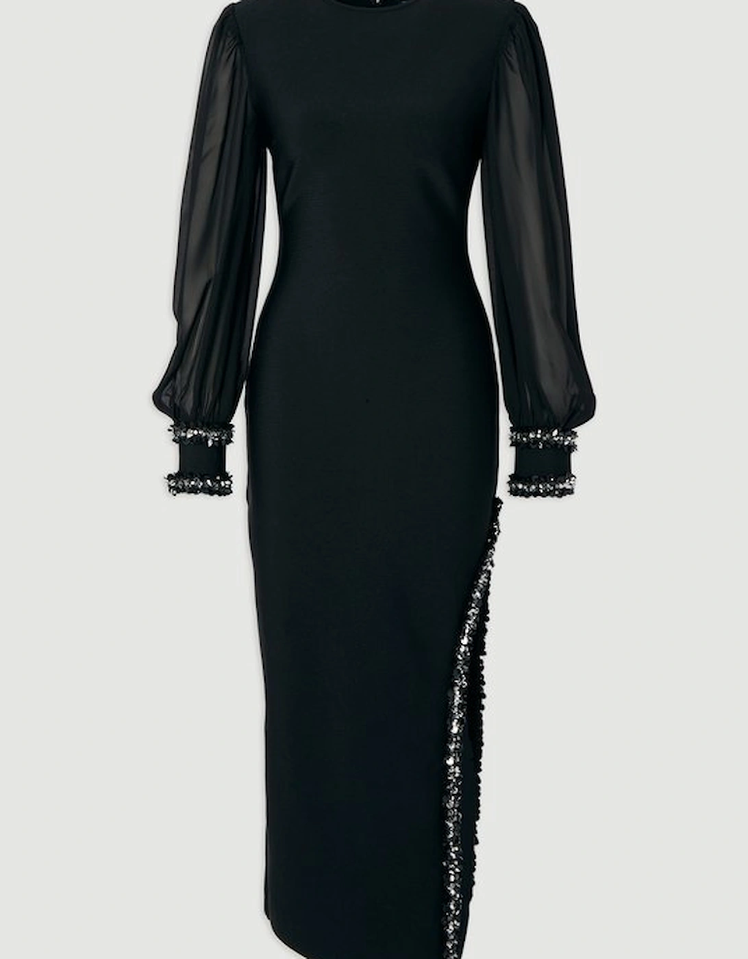 Embellished Figure Form And Chiffon Sleeve Midi Dress
