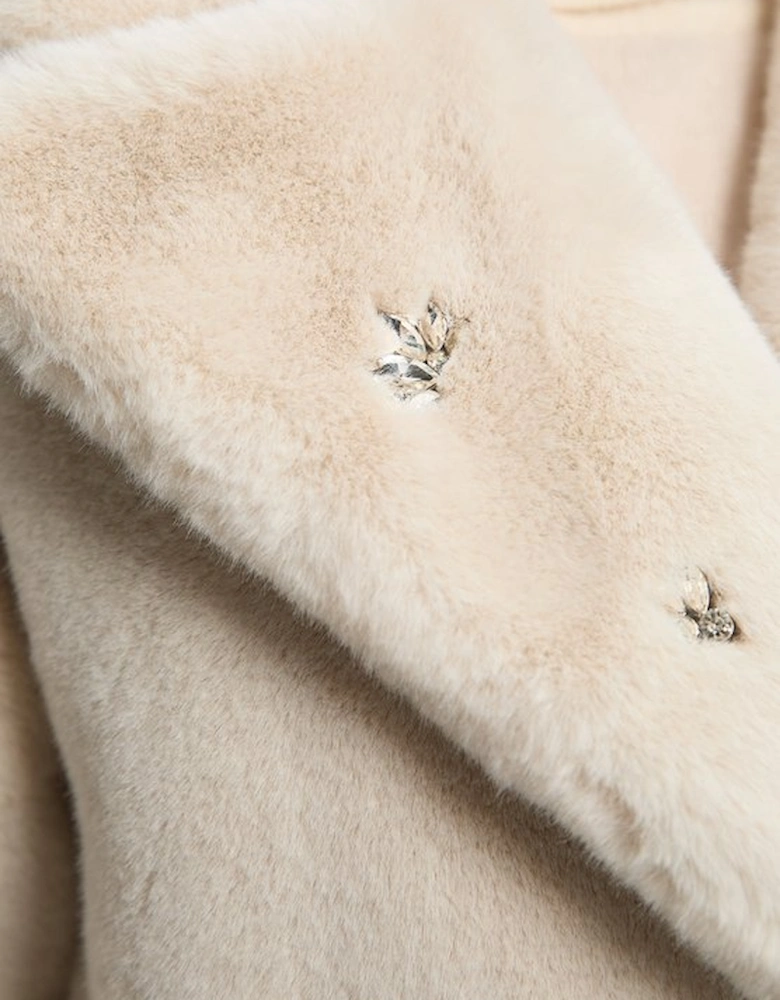 Crystal Embellished Faux Fur Long Coat