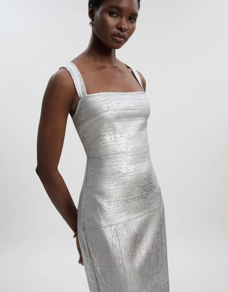 Foil Metallic Figure Form Strappy Knit Maxi Dress
