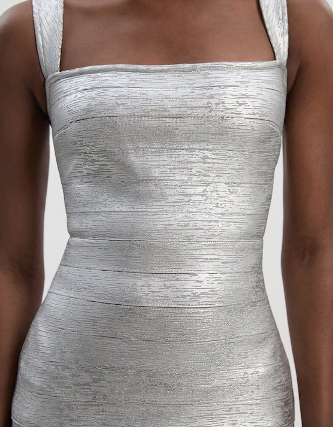 Foil Metallic Figure Form Strappy Knit Maxi Dress