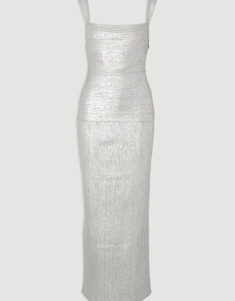 Foil Metallic Figure Form Strappy Knit Maxi Dress