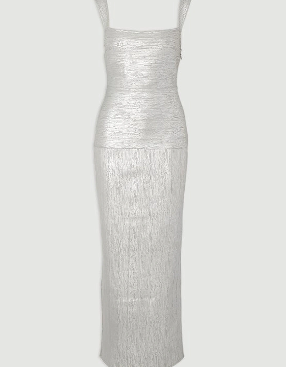 Foil Metallic Figure Form Strappy Knit Maxi Dress