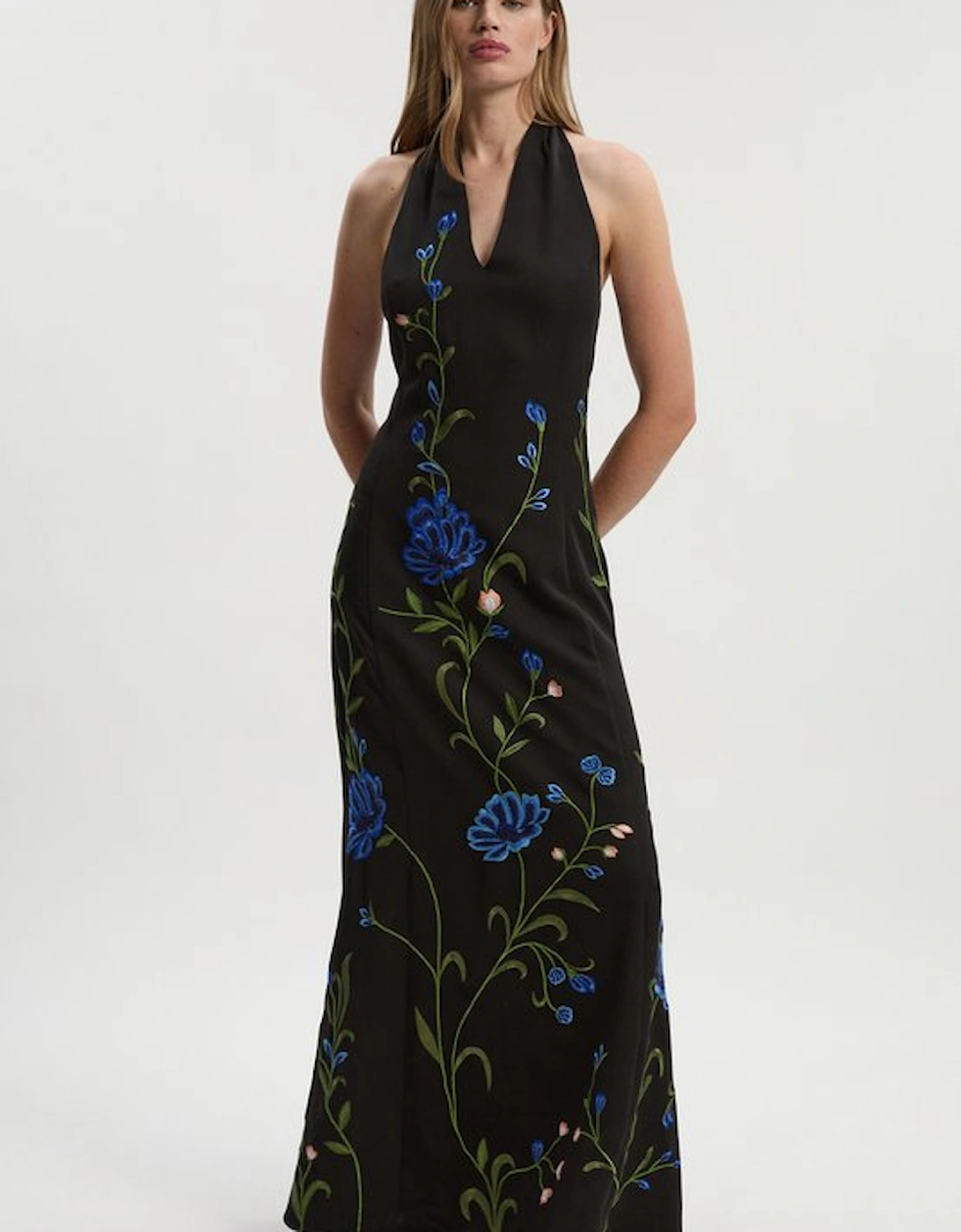Placed Floral Halter Embroidered Crepe Woven Maxi Dress