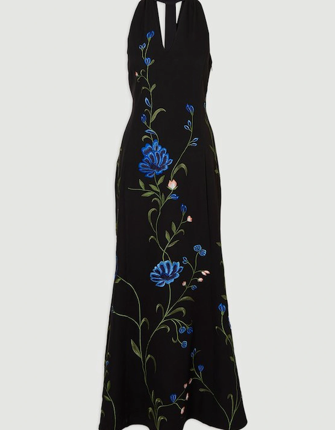 Placed Floral Halter Embroidered Crepe Woven Maxi Dress