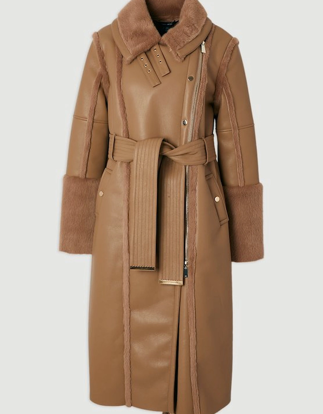 Faux Fur Buckle Detail Belted Biker Midi Coat