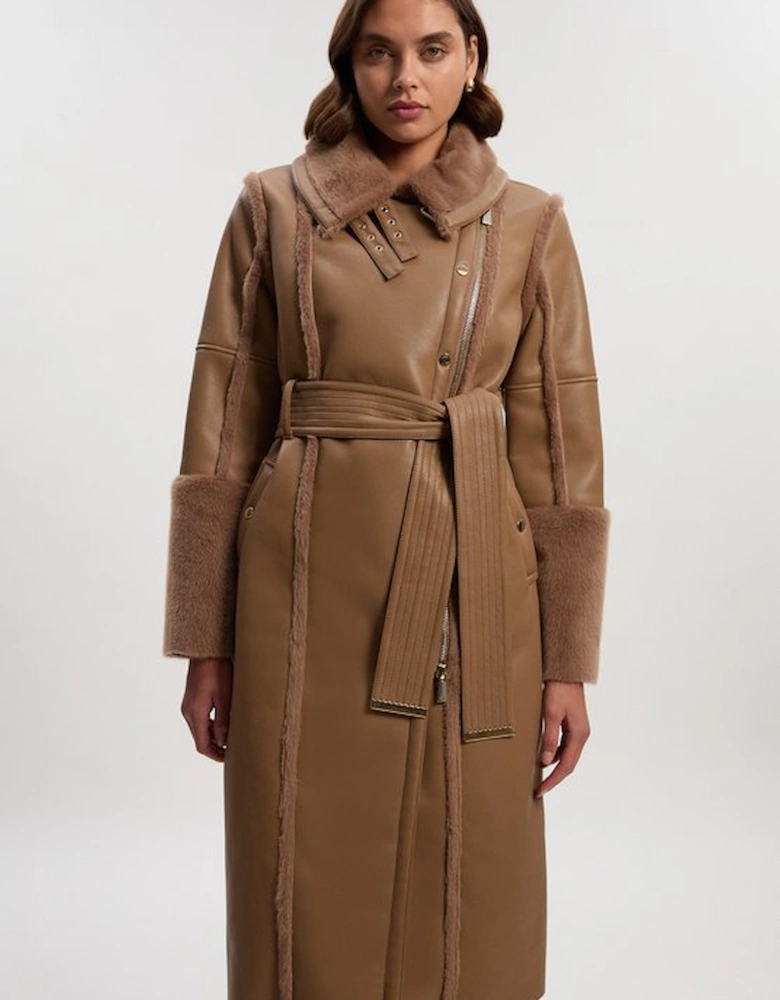 Faux Fur Buckle Detail Belted Biker Midi Coat
